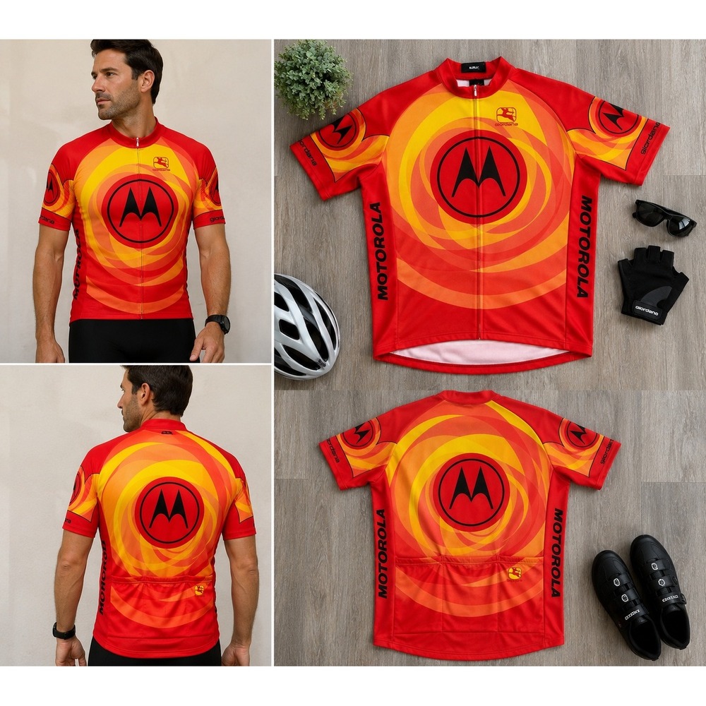 Giordana Motorola Cycling Jersey Mens Red Orange Swirl Short Sleeve Full Zip